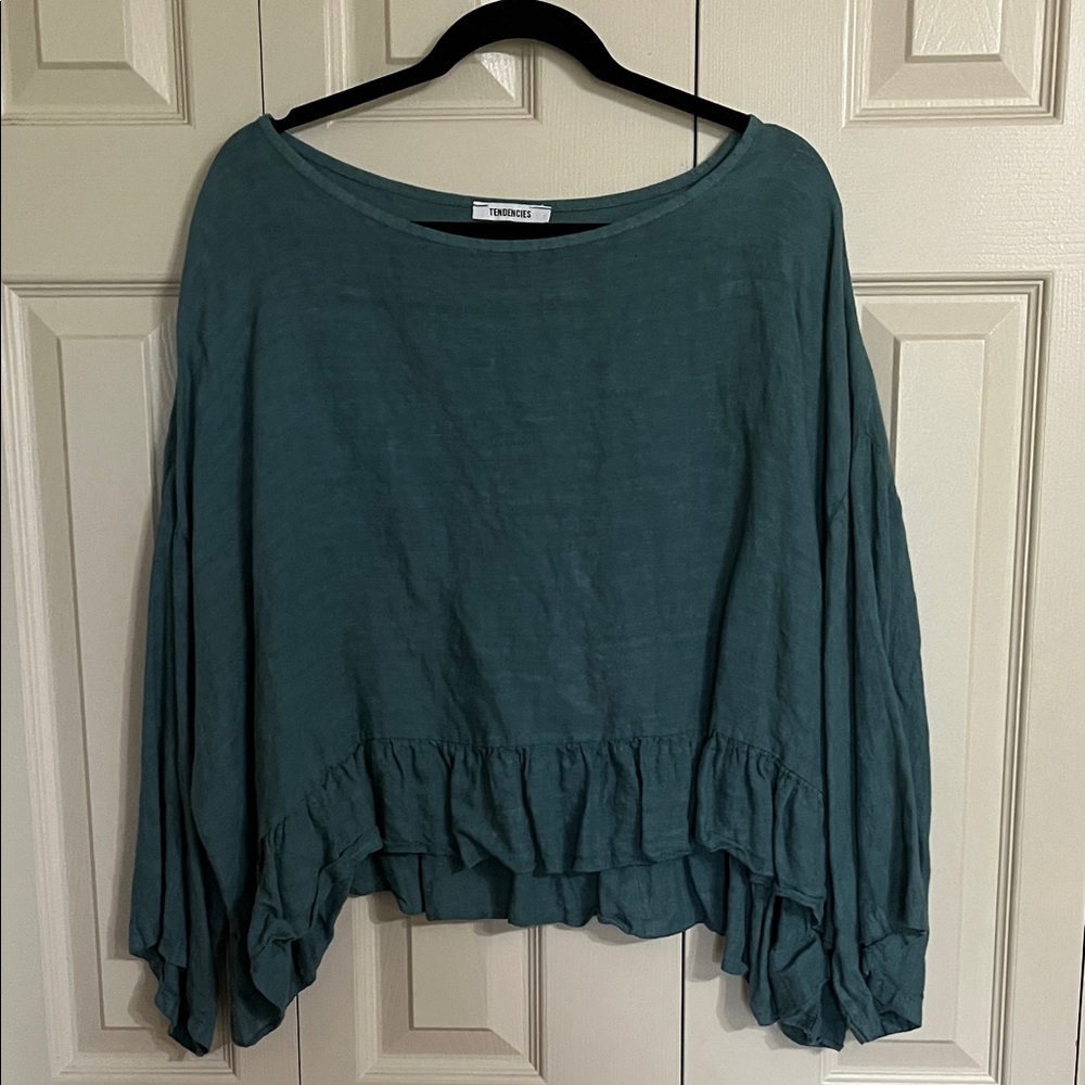 Teal Ruffle-Hem Linen Tunic